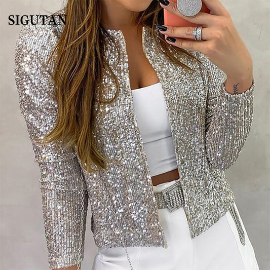2023 Fashion Sequin Jackets Women Glitter Long Sleeve Short Coats Elegant Spring Outwear Office Ladies Solid  Streetwear