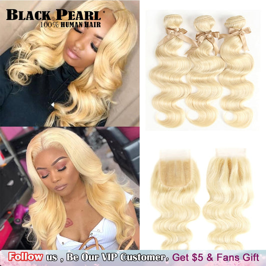 Black Pearl 613 Blonde Bundles With Closure Malaysian Body Wave Remy Human Hair Weave Honey Blonde 613 Bundles With Closure