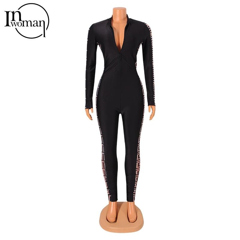 New Inwoman Women's Fall Mesh Patchwork Long Sleeve One Piece Black/Red Bodycon Jumpsuit