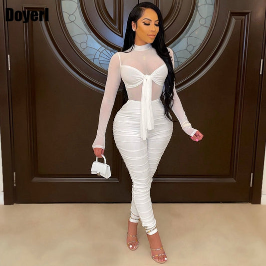 White Sexy Mesh Bodycon Jumpsuit Women Elegance Party See Through Jumpsuit Overalls Birthday Club Outfits Fall Clothes for Women