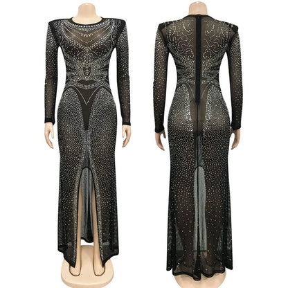 Sparkly Rhinestone Maxi Evening Dresses for Women 2022 Party Sexy Dress Women Elegant Sheer Mesh See Through Long Bodycon Dress