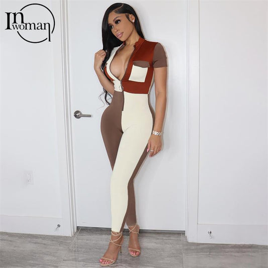 New Inwoman Women's Brown or Orange Patchwork One Piece Pencil Pants Short Sleeve Bodycon Jumpsuit
