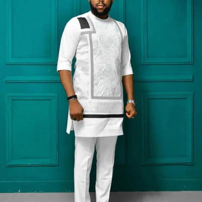 Men's Dashiki Long Sleeve Shirt White Trouser 2 Piece Set
