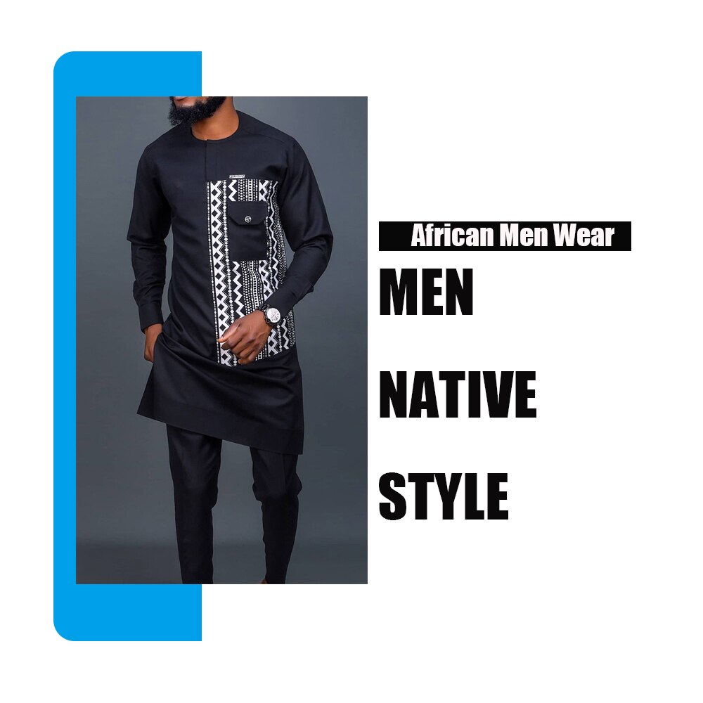 African  Men's Dashiki Long Sleeve 2 Piece Set Traditional Africa Clothing Striped Men's Suit Male Shirt Pants Suits