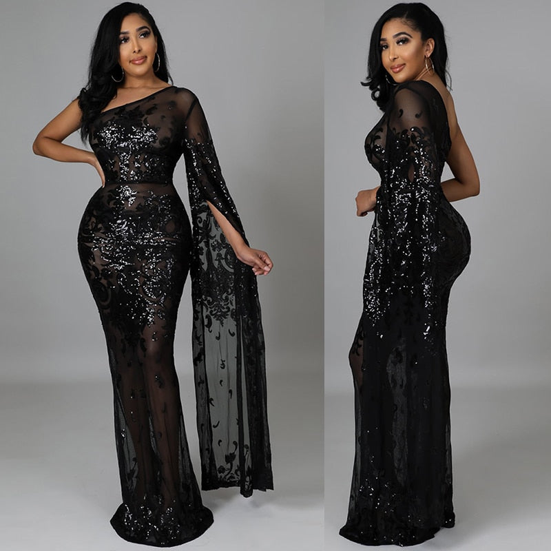 Sparkly Sequin Evening Sexy Dresses Women Long Sleeve One Shoulder Sheer Mesh Maxi Bodycon Dress Wedding Night Club Party Dress